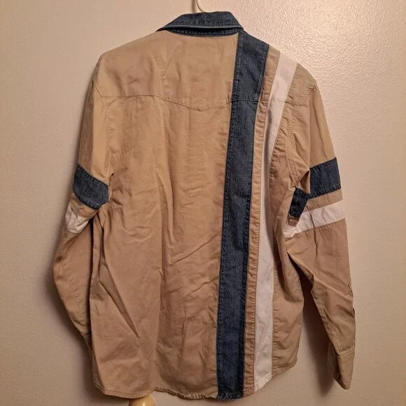 Vtg Wrangler Western long-sleeve Pearl-Snap Denim Shirt in Colorblock Pattern - Picture 2 of 5